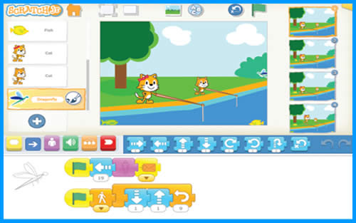 Kindergarten 2 children using Scratch Jr app to create animated stories